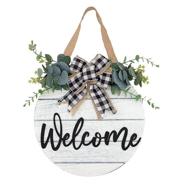 3D Welcome Wreaths for Front Door | Farmhouse Welcome Sign for Front Door | White Horizontal Concave Stripes Round Wooden Front Door Wreaths for Valentines Day Decor, Spring Decor and Easter Decor