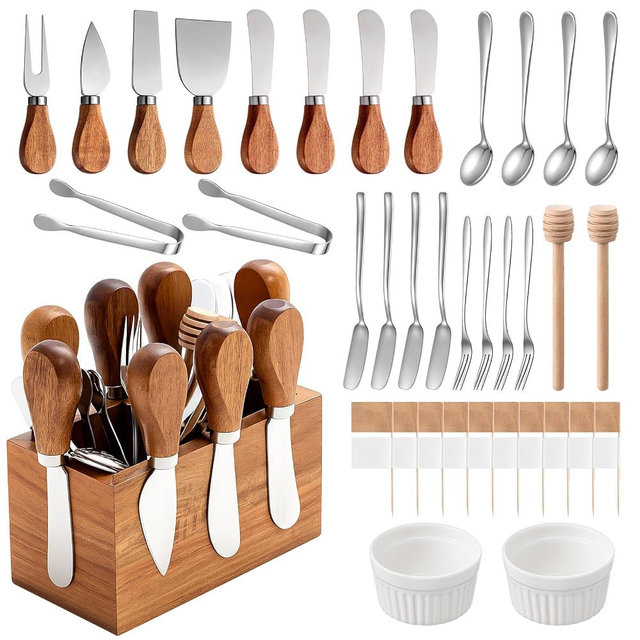 Hushee 46 Pcs Charcuterie Boards Accessories with Magnetic Acacia Wood Holder Wooden Cheese Knife Set for Wood Handle Knives for Cheese Knife Slicer with Tongs, Spoons, Forks, Honey Dipper (Style 3)