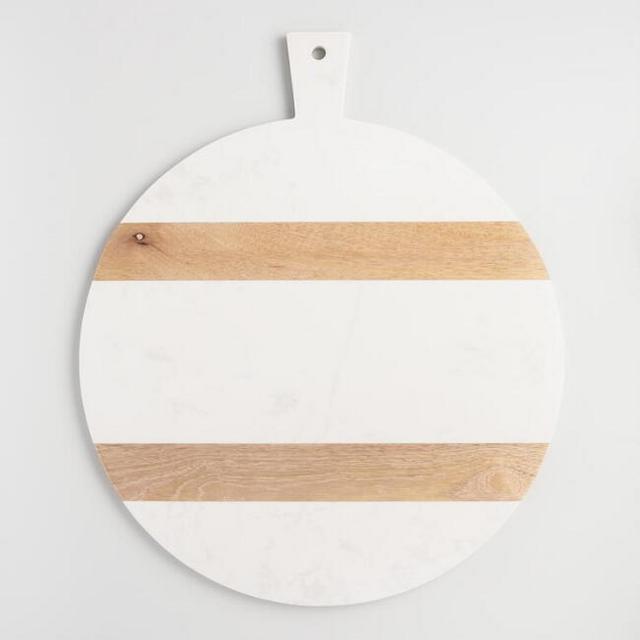 Large Round White Marble and Wood Paddle Cutting Board
