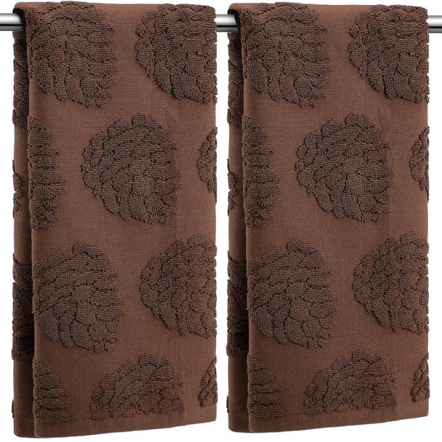 SmoothNovelty 2 Pcs 3D Pine Cones Hand Towels for Bathroom Decor, Chocolate Brown Christmas Pinecone 100% Cotton Absorbent Jacquard Weave Decorative Towels for Bathroom Kitchen, 13.7 x 29.5 Inch