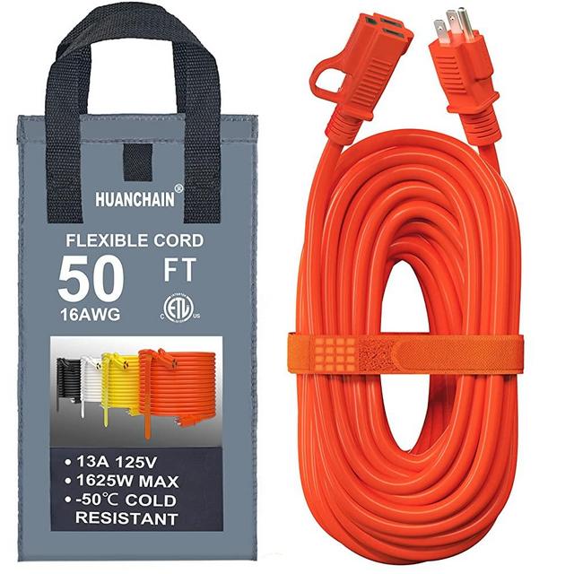 Indoor Outdoor Extension Cord 50 ft Waterproof, 16/3 Gauge Flexible Cold-Resistant Appliance Extension Cord Outside, 13A 1625W 16AWG SJTW, 3 Prong Heavy Duty Electric Cord Orange, ETL HUANCHAIN