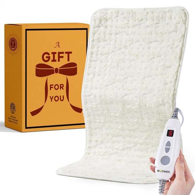 Woomer Faux Fur Electric Heating Pad for Back Pain Relief, Extra Large 17” x 33”, Extended Coverage from Neck to Hip, Two-Sided, Moist Mode, ETL Certified, 6 Adjustable Heats & 2H Auto-Off,White