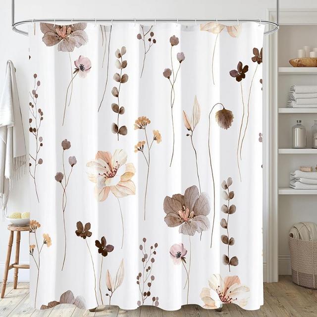 Gibelle Watercolor Floral Shower Curtain, Brown Beige Flower Shower Curtain for Bathroom, Modern Minimalist Waterproof Fabric Shower Curtain Set with Hooks 72x72 Inch
