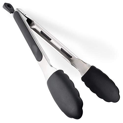 New Di Oro 9-Inch Kitchen Tongs – Stainless Steel with Non-Stick 480F Heat-Resistant BPA Free Silicone Tips – Great Tool for Cooking, Serving, and Barbecuing - Dishwasher Safe and Easy to Clean Black
