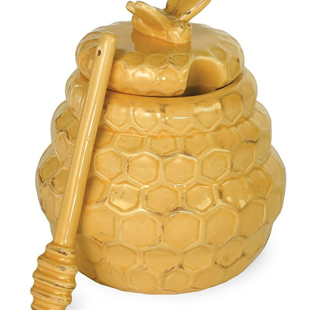 Boston International Embossed Ceramic Honey Pot & Dipper, 2-Piece Set, Honeycomb