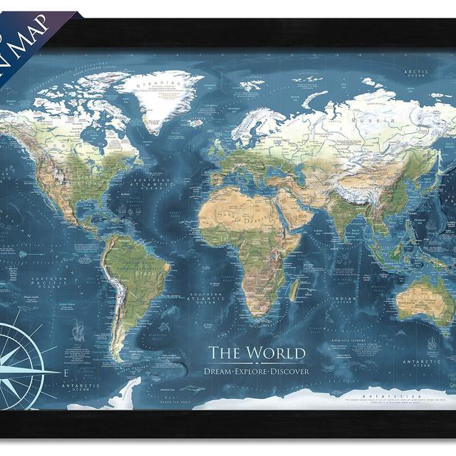 World Map Push Pin - Mounted on Pin Board and Framed - The Voyager 2 World Map - Designed by a Professional Geographer