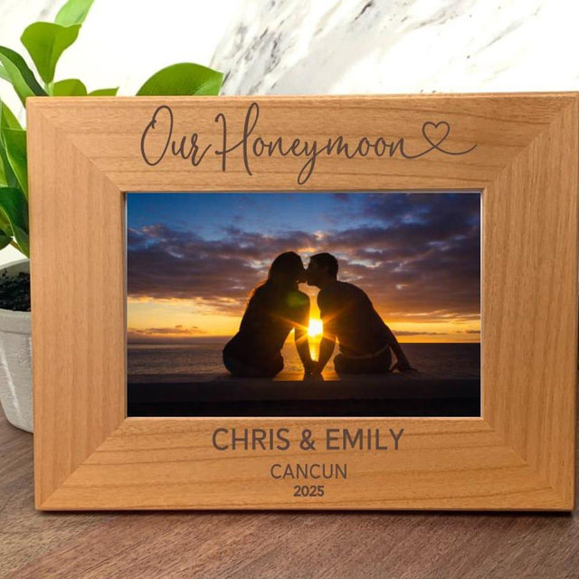 Personalized Honeymoon Picture Frame – Engraved Alder Wood Frame with Names, Destination & Year – Custom Wedding Gift - Vacation Keepsake
