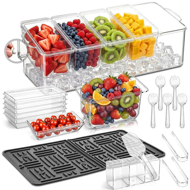 Fiwochic Ice Chilled Condiment Caddy with Drain Plug, 5 Containers with Lids, 85 oz Ice Capacity, 11 Pcs Complete Garnish Tray Condiment Server Set with Drainer Mat Cutlery Holder for Taco Bar Party