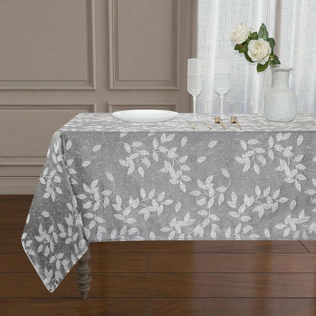 Kate Aurora Living Raised Jacquard Floral Leaves Spill Proof Fabric Tablecloth - 60 in. W x 104 in. L, Gray
