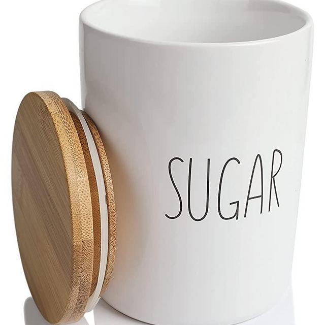 Arthausen Sugar Ceramic 1080mL 4 cup Food Storage Jar Canister with Airtight Bamboo Lid and Bamboo Spoon, Modern Farmhouse Design Container for Counter - White & Brown Sugar, Cookies, Snacks, Treats