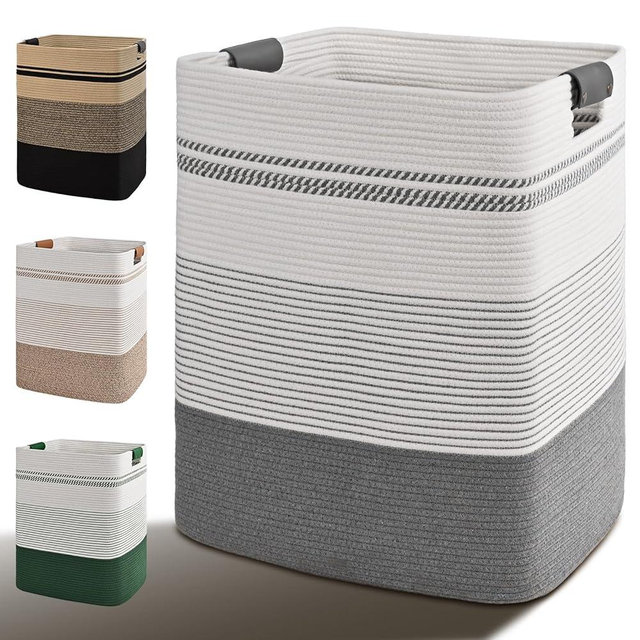 Degeyoyo Laundry Hamper, 95L Tall Laundry Basket with Leather Handles, Rectangle Large Clothes Hamper for Organizing, Cotton Woven Laundry Baskets Storage Hampers for Bedroom, Nursery, Living Room