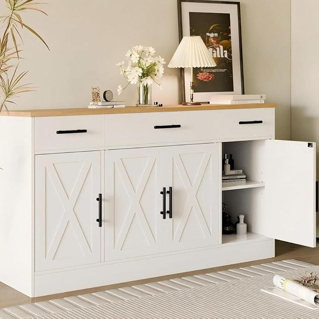 SUNLEI Buffet Cabinet with Storage, Farmhouse Storage Cabinet with 4 Doors and 3 Drawers, Wood Buffet Table with Adjustable Shelf for Living Room, White