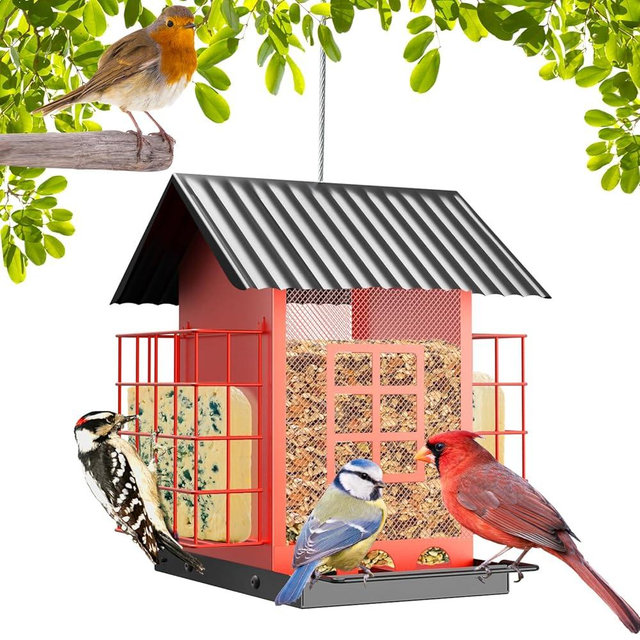 Bird Feeders for Outdoors Hanging, Metal Bird Feeder with Double Suet Cage Cake, Large Capacity, Birdfeeders Durable & Weatherproof,Easy to Clean & Refill, Great for Attracting Wild Birds