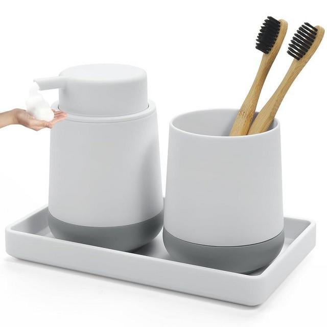 GAHEFY White Bathroom Countertop Accessories Set - Soap Dispenser and Toothbrush Holder with Silicone Boot,Vanity Tray (White Foam)
