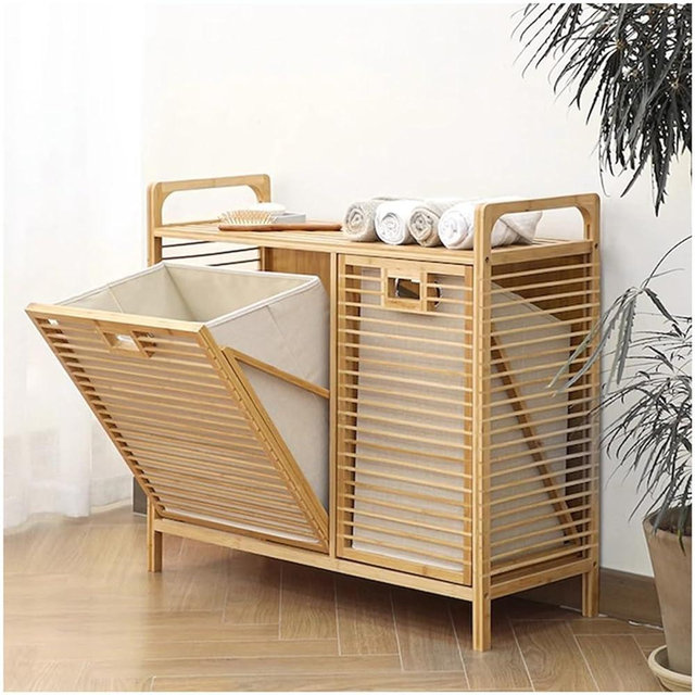 Laundry Hamper Cabinet, Laundry Basket with Shelf, Bamboo Tilt Out Laundry Hamper Cabinet with Removable Liner Bags (2 storage shelves)