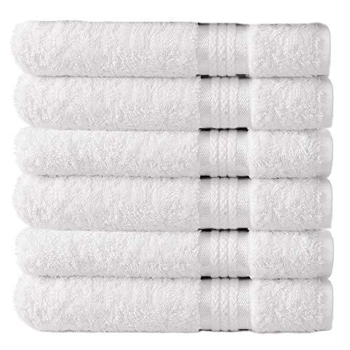 Cotton Craft Ultra Soft 6 Pack Hand Towels 16x28 White Weighs 6 Ounces Each - 100% Pure Ringspun Cotton - Luxurious Rayon Trim - Ideal for Everyday use - Easy Care Machine wash