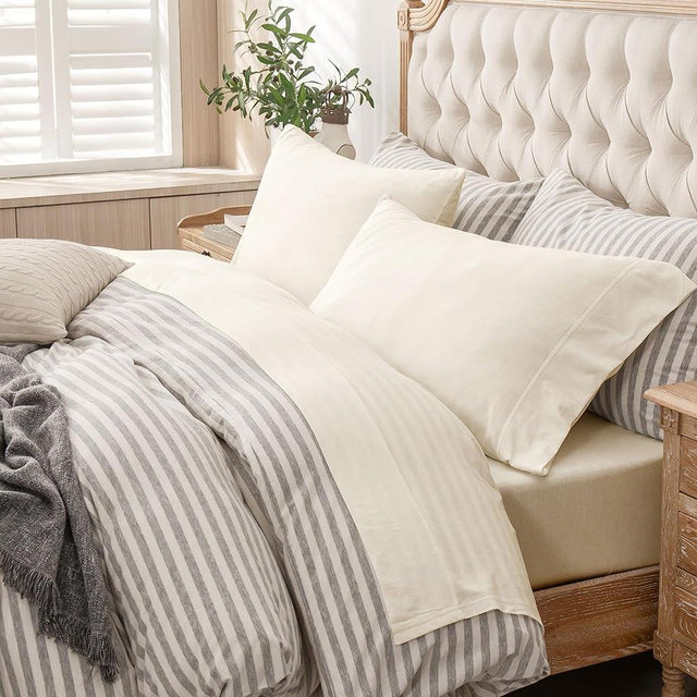 PURE ERA Jersey Knit 4pc Bed Sheet Set 100% T-Shirt Cotton Super Soft Comfy Breathable Fits Mattress Up to 20" Extra Deep Pocket (Solid Creamy White, King)