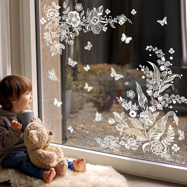 Supzone White Flower Butterflies Window Clings Spring Summer Floral Window Decals Anti-Collision Static Window Stickers Glass Decoration