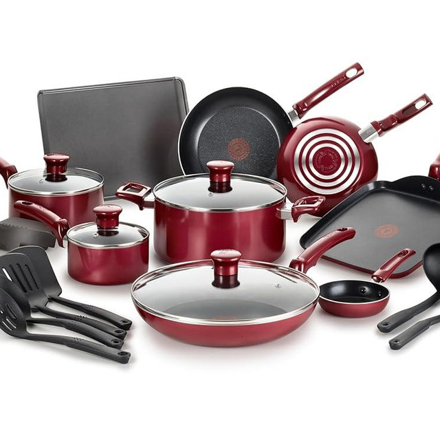 T-fal Essence, 20 Piece Non-Stick pots and pans Cookware Set, Red