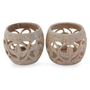 Fig Leaf Handcrafted Soapstone Candle Holders Set 2