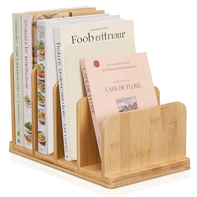 Cook Book Organizer,Bamboo Cookbook Stand for Kitchen Counter with 4-Slot,Sturdy Recipe Book Holder Stand for Convenient Cookbook Storage