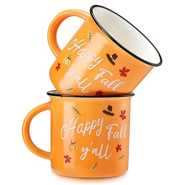 Hotop 2 Pieces Autumn Coffee Mug Happy Fall Y'all Camper Cup Thanksgiving Ceramic Pumpkin Mugs 14oz Campfire for Office Home Thank You Gift Women Men Mom Dad Christian