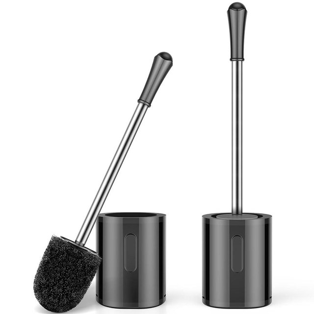 Toilet Brush and Holder, 2 Pack Compact Size Toilet Bowl Brush with Stainless Steel Handle, Small Size Plastic Holder Easy to Hide, Space Saving for Storage, Drip-Proof, Easy to Assemble Black