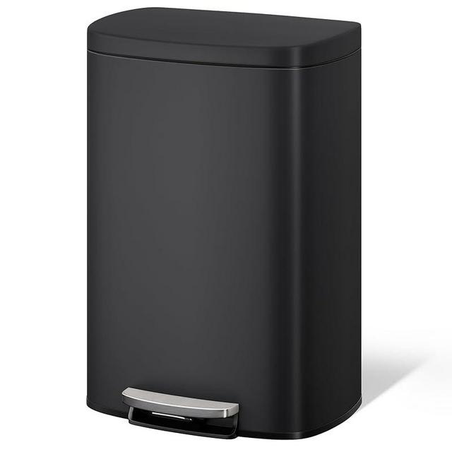 Garvee 13 Gallon / 50 Liter Metal Kitchen Trash Can with Lid, Large Rustproof Garbage Can for Kitchen, Step-on Trash Bin with Inner Bucket, Rear Handle, Soft Close Lid, Black
