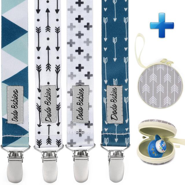 Pacifier Clip by Dodo Babies Pack of 4 + Pacifier Case, Premium Quality Modern Designs Universal Holder Leash for Boys and Girls, Teething Toy or Soothie, Baby Shower Gift Set