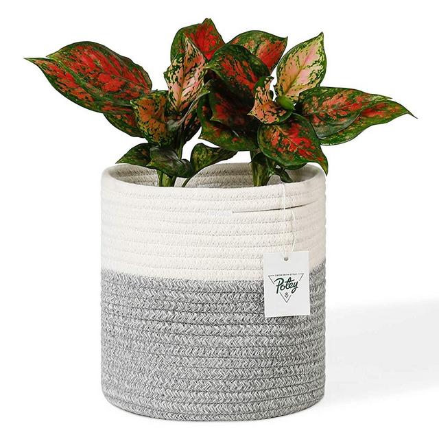 POTEY 700901 Cotton Rope Woven Plant Basket Modern Woven Basket for 7" Flower Pot Floor Indoor Planters,Storage Organizer Basket Rustic Home Decor, White Grey Stripes 8"x 7.5"