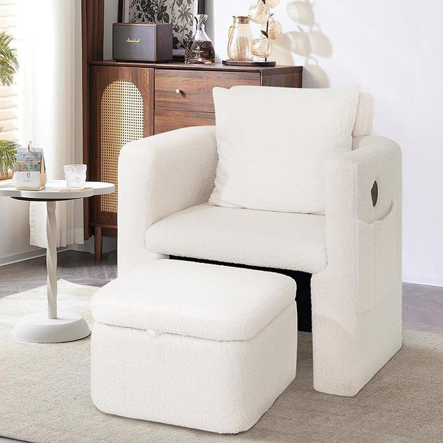 COCO DESIGN Barrel Chair with Storage Ottoman, Sherpa Upholstered Modern Side Arm Sofa Chair for Bedroom/Office/Living Room, Adjustable Headrest, USB Charge, White