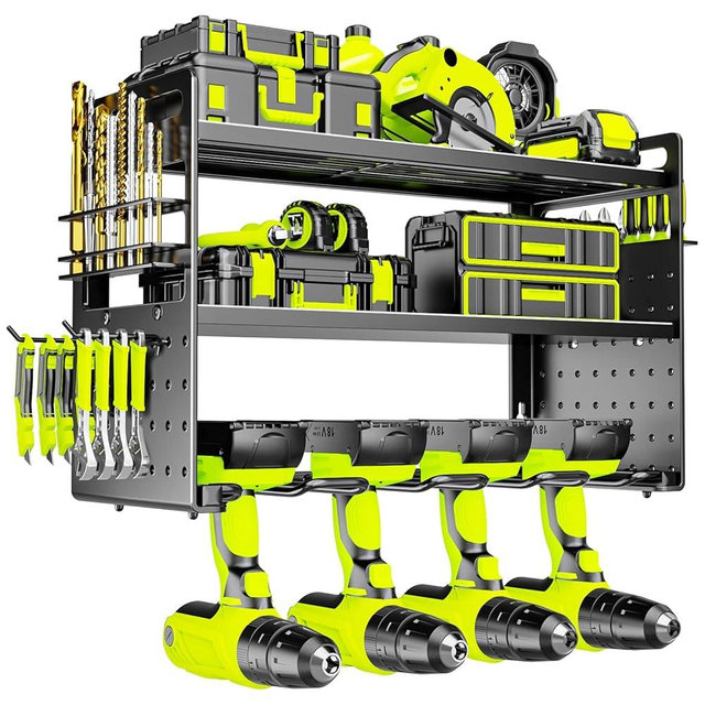 FaloStwer Power Tool Organizer Wall Mount, Drill Holder tool storage with Hooks & Screwdriver Organizer, Heavy Duty Iron 3 Layers Garage Storage Shelf for Workshop Shed Pegboard Basement(Black)