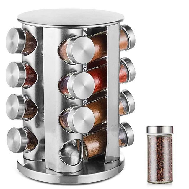DEFWAY Spice Rack Organizer for Countertop - Stainless Steel Spice Organizer with 16 Seasoning Jars, Large Standing Cabinet Seasoning Tower for Kitchen Round