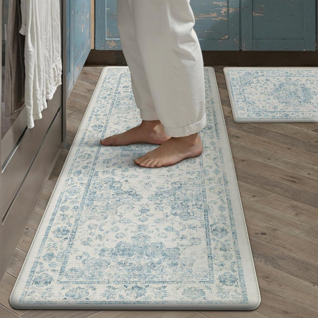WondRg Neutral Kitchen Mats 2PCS Anti Fatigue Mat for Cushioned Blue Vintage Kitchen Mats for Floor Waterproof Non-Slip Comfort Standing Rug for Sink Laundry Office 17.3"×47"+17.3"×30"