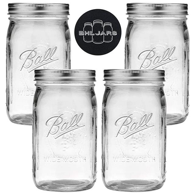 Ball Mason Jars Wide Mouth 32 oz Bundle with Non Slip Jar Opener brand BHL Jars - Set of 4 Quart Size Mason Jars - Canning Glass Jars with Lids