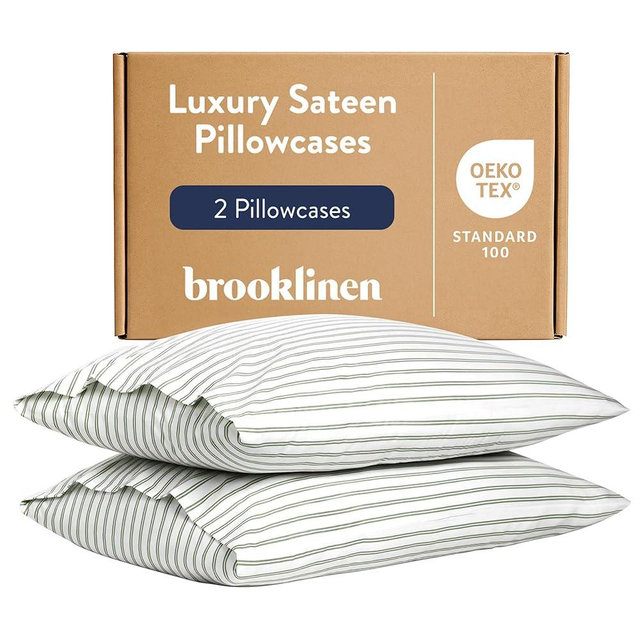 Brooklinen Luxury Sateen Pillowcases - Set of 2, 100% Long Staple Cotton with Envelope Closure, Smooth Fabric, Soft & Durable, Machine Washable - Standard Size (Green Tandem Stripe)