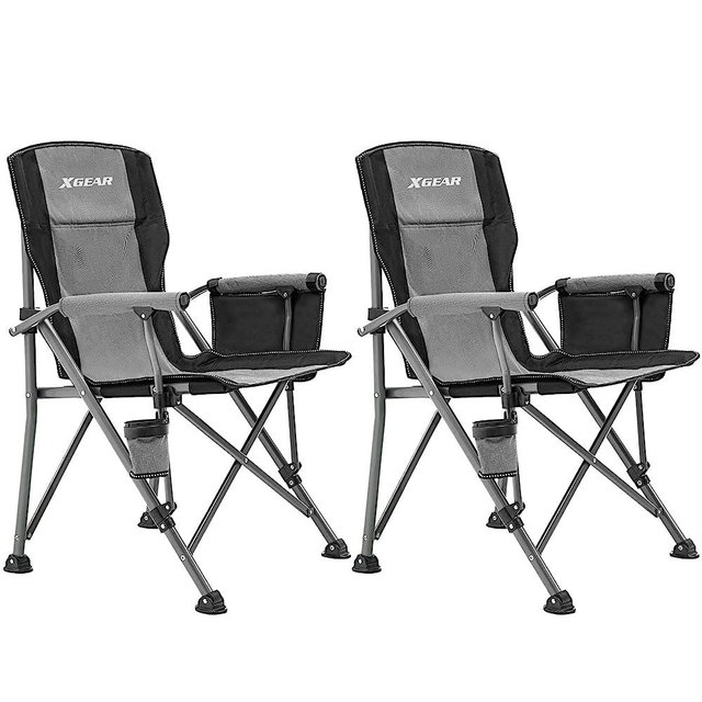 XGEAR Camping Chair with Padded Hard Armrest, Sturdy Folding Camp Chair with Cup Holder, Storage Pockets Carry Bag Included, Support to 400 lbs (2PCS/Grey)