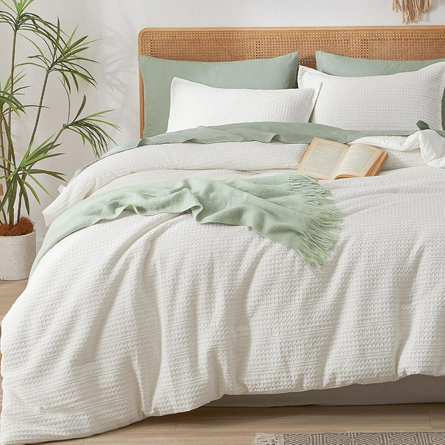 PHF 3 Pieces Cream Waffle Weave Comforter Set King Size - Ultra Soft Textured Waffle Comforter with 2 Pillow Shams, Lightweight Breathable Comfy Bedding Set for All Season, Cream