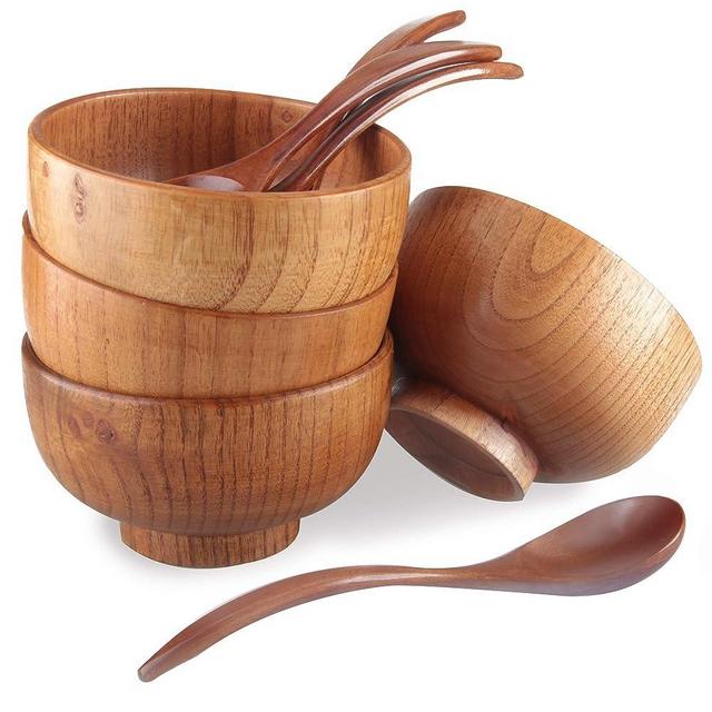 Originalidad Handmade Wood Bowls, Jujube Wooden Japanese Bowls with Matching Spoon for Rice, Soup, Dip, Salad, Tea, Decoration 4 Sets (4 Bowls 4.6 IN + 4 Spoons)