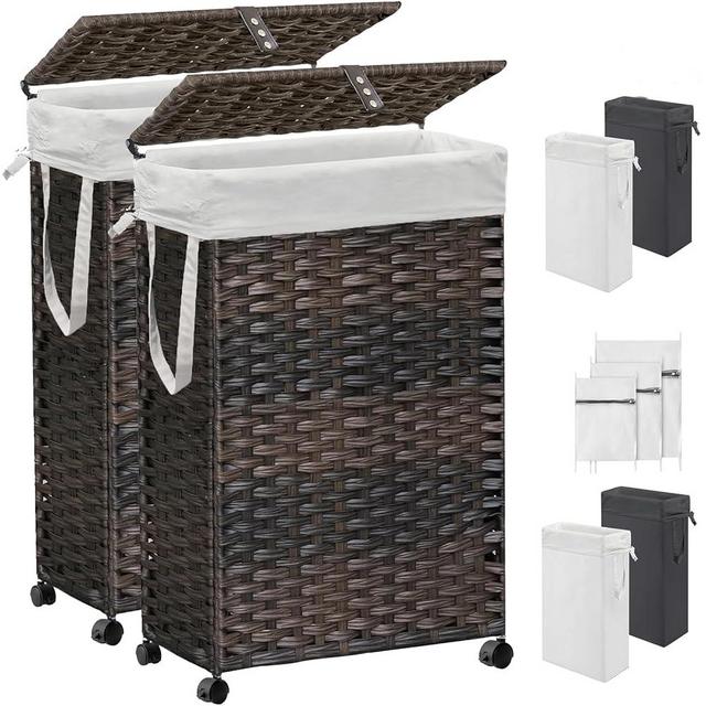 70L Slim Laundry Hamper with Lid & Wheels, 2-Park Rolling Laundry Basket with 4 Removable Liner Bags & 3 Mesh Bags, Narrow Dirty Clothes Basket, Foldable Handwoven Rattan Laundry Sorter, Brown