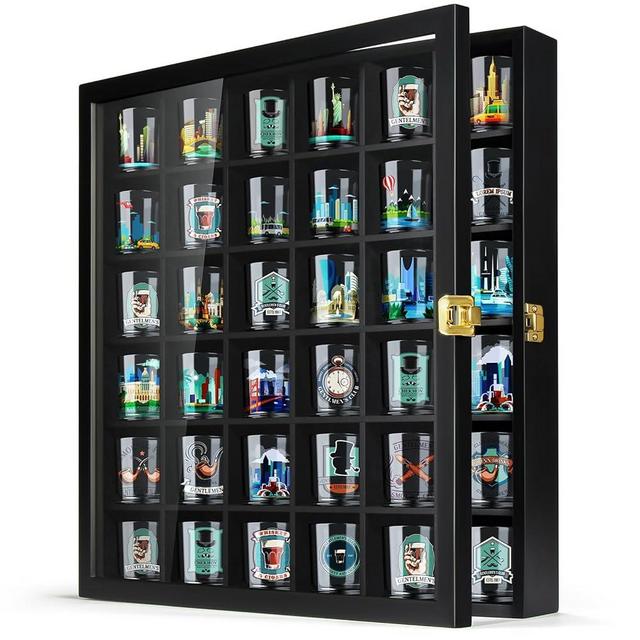 TJ.MOREE Shot Glass Display Case 36 Slots Glass Display Holder Wall Mounted with Lockable Door, Black