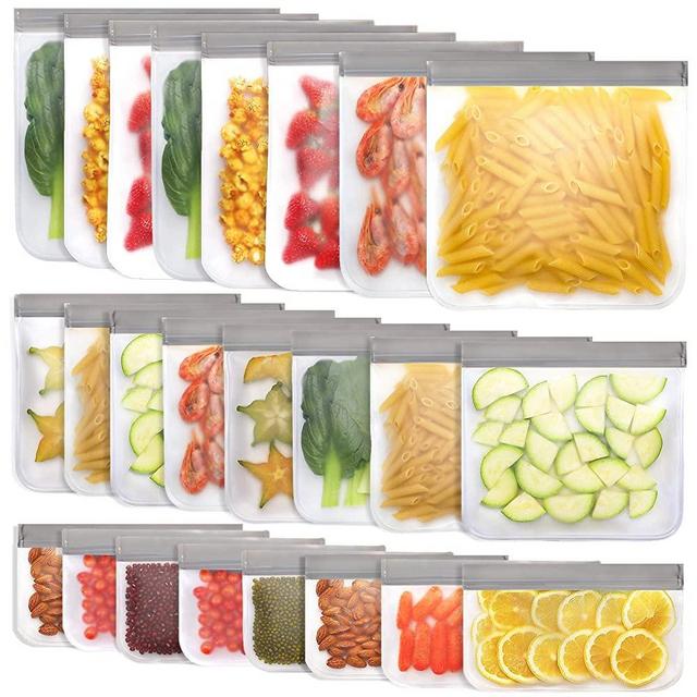 Jagrom 24 Pack Reusable Storage Bags 8 Gallon & 8 Sandwich Lunch Bags & 8 Small Kids Snack Bags For Food, EXTRA THICK Leak Proof Reusable Food Bags, Freezer Bags, Reusable Zipper Bags, BPA FREE, Grey