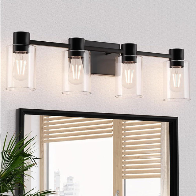 Esfos 4-Light Modern Vanity Light Fixtures Over Mirror, Matte Black Bathroom Light Fixtures, Vanity Lights, Wall Sconce with Clear Glass Shade for Bathroom, E26 Base