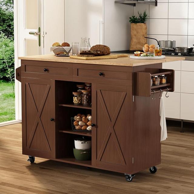 HLR Kitchen Island On Wheels, Rolling Kitchen Island Cart with Drop Leaf Countertop, Barn Door Island Table with Storage Cabinet and Tower Rack, Island Table for Kitchen