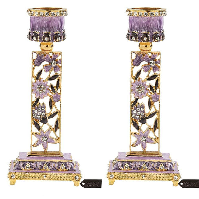 Matashi Shabbat Candlestick Holder (2-Piece Set) Hand-Painted, Gold-Plated Pewter Tall, Vintage Craftsmanship Adorned w/Pomegranates and Flowers Jewish Holiday Decor (Purple)