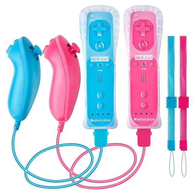 NC Motion Plus Wii Controllers 2Pcs with wii Nunchakus, Compatible for Wii and Wii U Console, with Silicone Case and Wrist Strap, Wii Remote Controllers with Built in Motion Plus.(Pink+Blue)