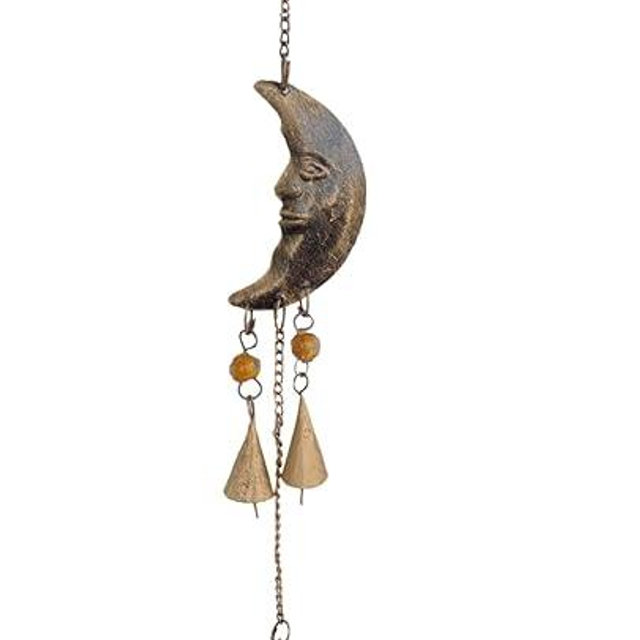 Mie Creations Sun Moon Star Face Wall Hanging Décor Chime Bells | Metal Cutouts Ornaments, Crescent Moon Phases Garland Art | Celestial, Earthy Decorations | Wicca Pagan Christmas Décor -Antique Gold