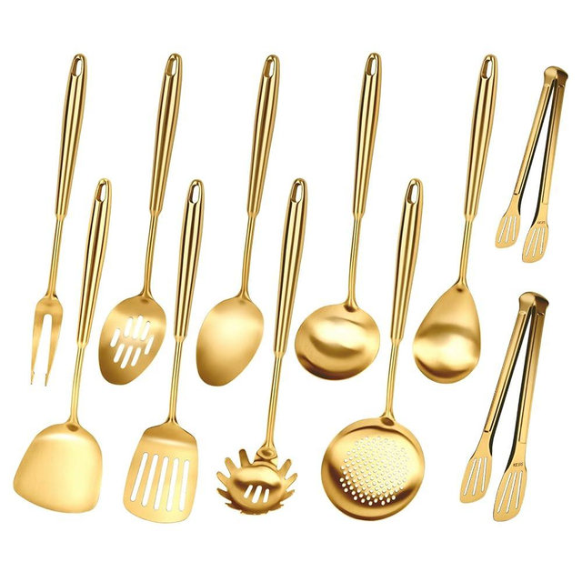304 Gold Cooking Utensils Set, 11PCS Stainless Steel Kitchen Utensils Set, Metal Kitchen Utensils Set Include Meat Fork, Tongs, Turner, Soup Ladle, Dishwasher Safe