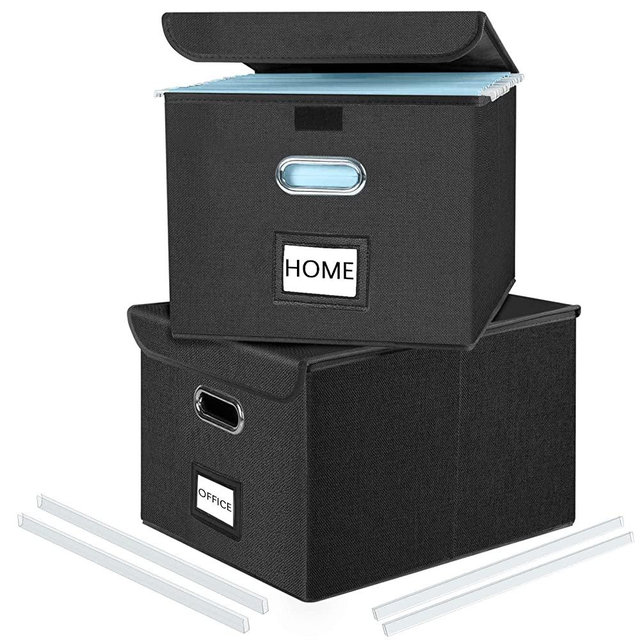 Upgrade File Organizer Boxes with Lids, Huolewa Collapsible Linen Hanging Filing & Storage Boxes with Plastic Slide for Office/Decor/Home, Filling System for File/Folders/Document Storage -2 Pack