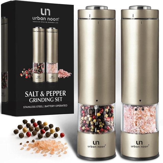 Electric Salt and Pepper Grinder Set - Battery Operated Stainless Steel Mill with Light (2 Mills) - Automatic One Handed Operation - Electronic Adjustable Shakers - Ceramic Grinders Champagne
